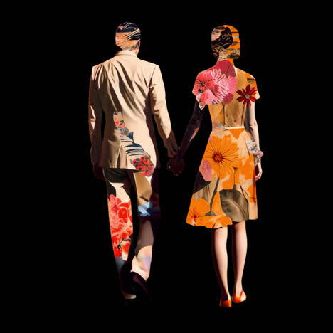 floral fashion couple walking animation isolated asset, transparent 4k video, alpha channel, prores