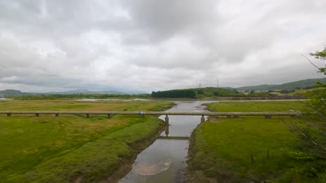 slow motion wide angle from trees revealing natural gas pipeline crossing polluted river in dense marshland with forest and pylons in background. energy infrastructure footage.
