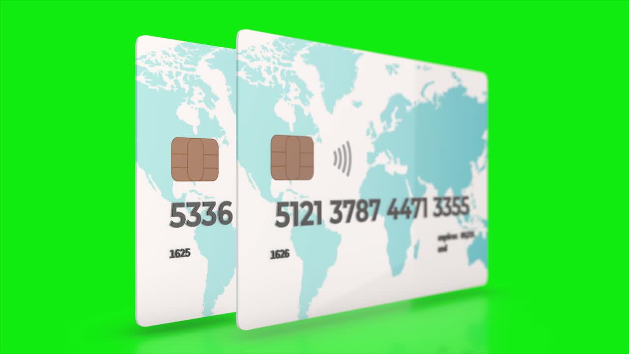 3D Animation of a two credit card with a chip with Alpha Channel. Business market shopping concept.