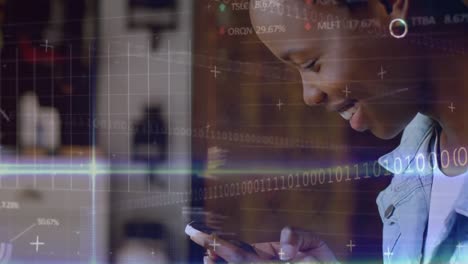 animation of trading board, binary codes, computer language, african american woman using cellphone