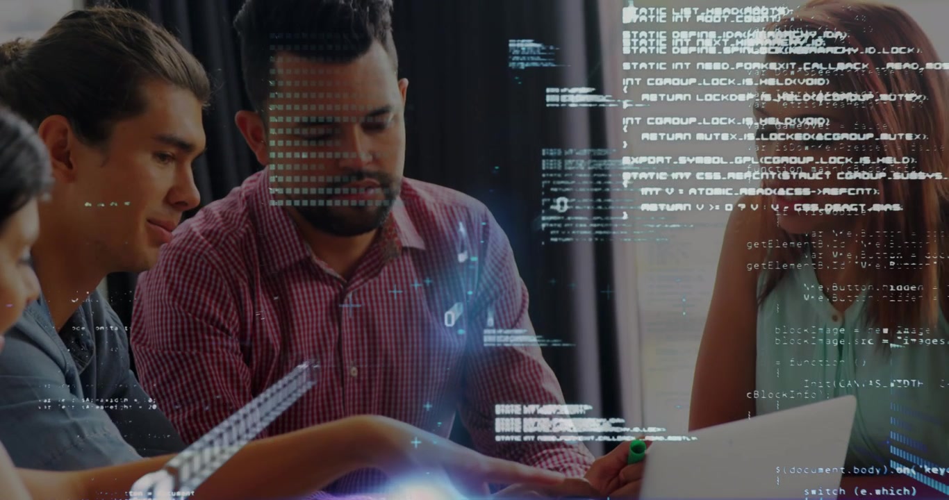 Animation of digital screen with diverse data over diverse female and male coworkers in office