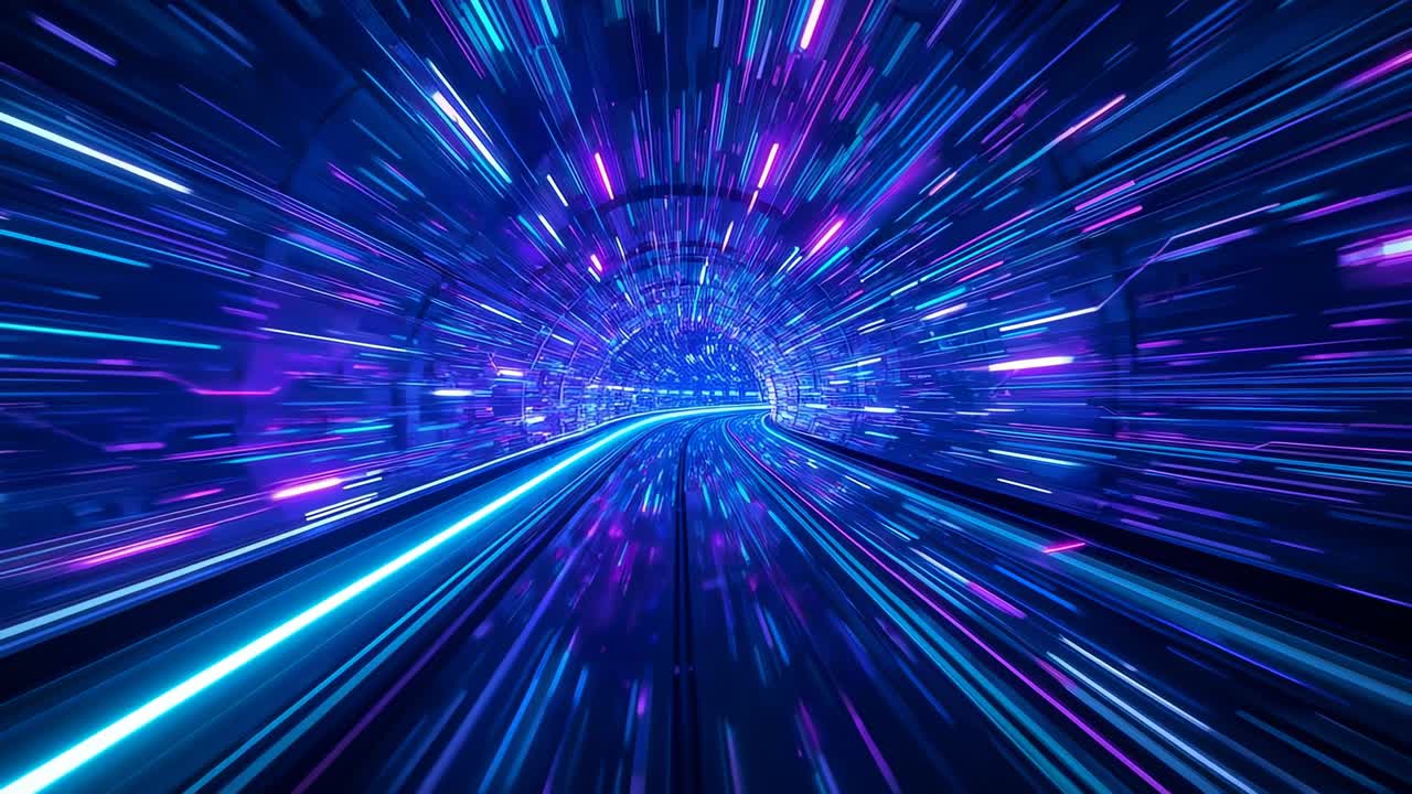Traccia ciano centrale illuminata che si propaga attraverso un tunnel luminoso, scie al neon che corrono verso l'uscita