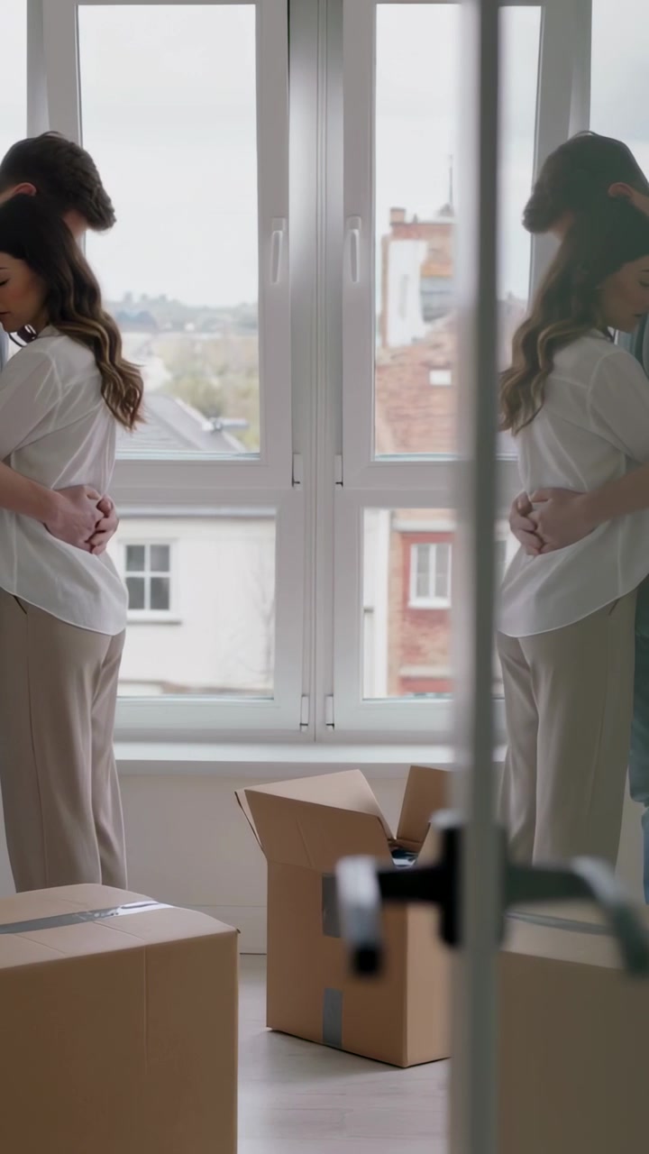 Vertical video: Hugging couple pausing in apartment during move, boxes and window reflection