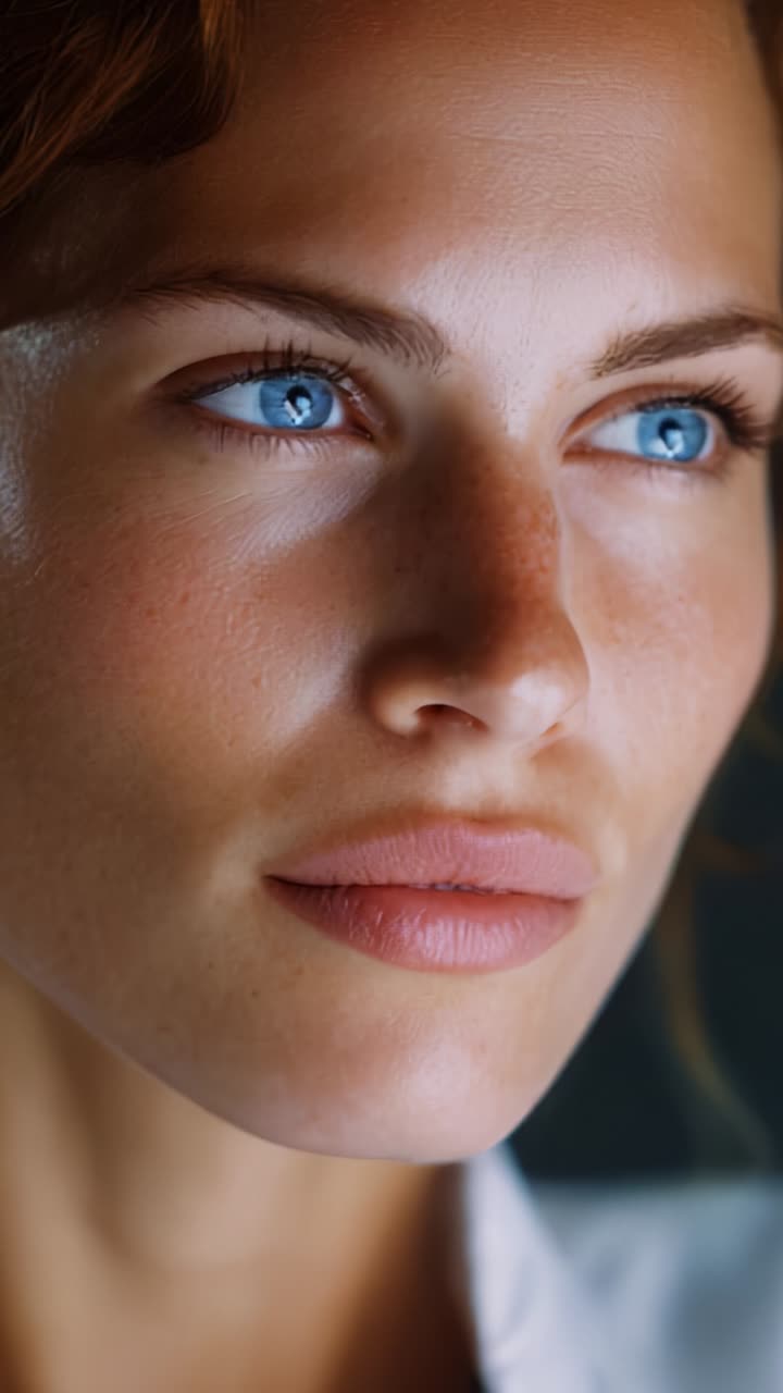 Un primo piano di una giovane donna con ipnotici occhi azzurri e un aspetto fresco e naturale che emana sicurezza e bellezza, mettendo in risalto i suoi tratti distintivi