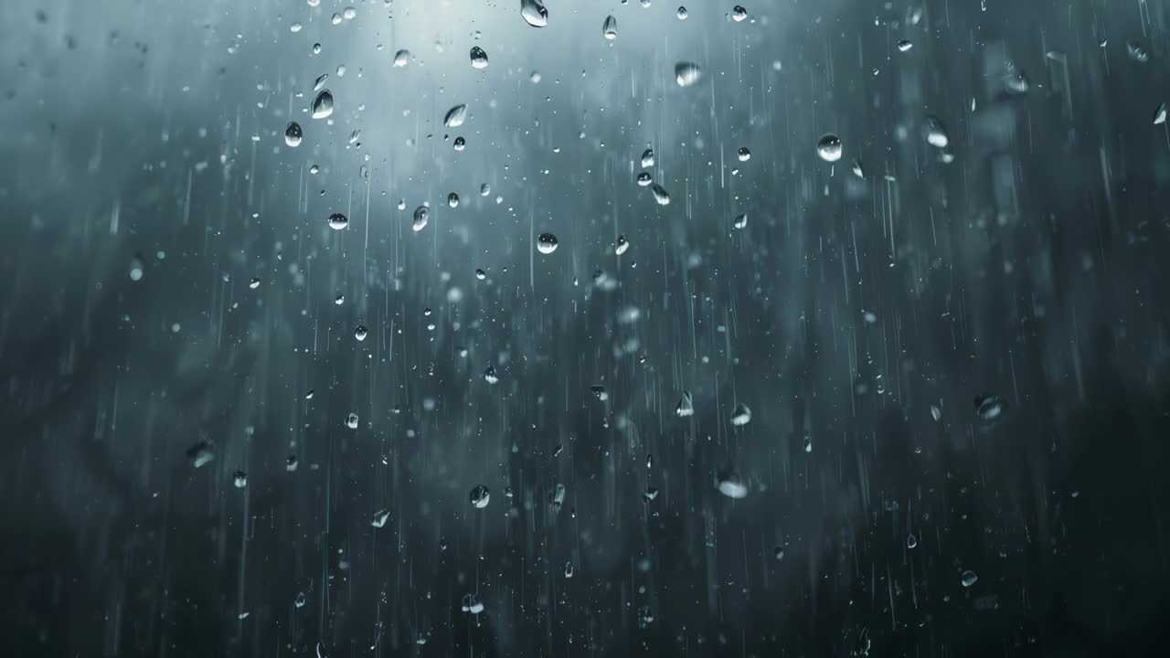 Forming raindrops and streaks on window glass from rain, merging and running down under gravity