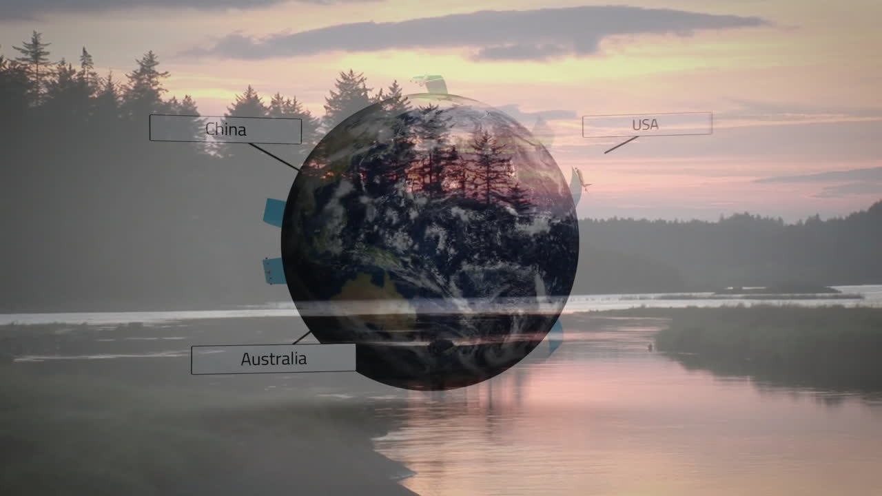 3D render globe rotating above river, showing China, Australia labels with turbine, satellite icons