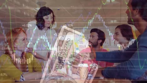 animation of us dollar note, graphic data against caucasian colleagues shaking hands during meeting