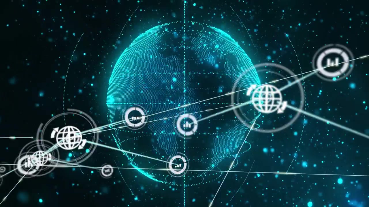 Holographic globe rotating, sending HUD icons and linking lines to form global tech data network