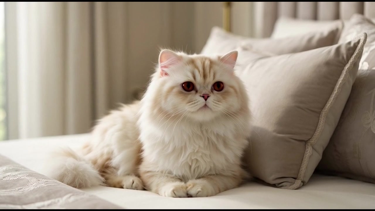 Kucing Persia Krem Berbulu Lebat Beristirahat di Tempat Tidur