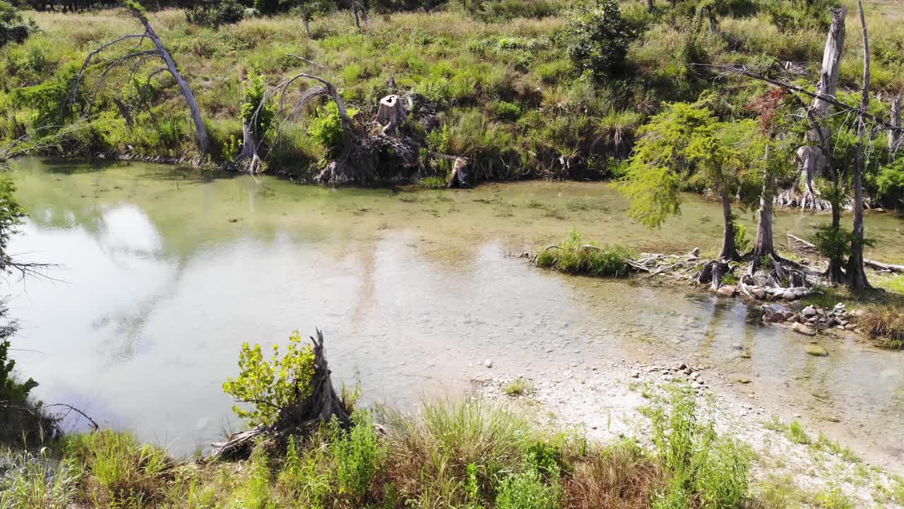 초록 들판 잔디 바로 위, 여러 나무를 지나 강으로 날아갑니다.