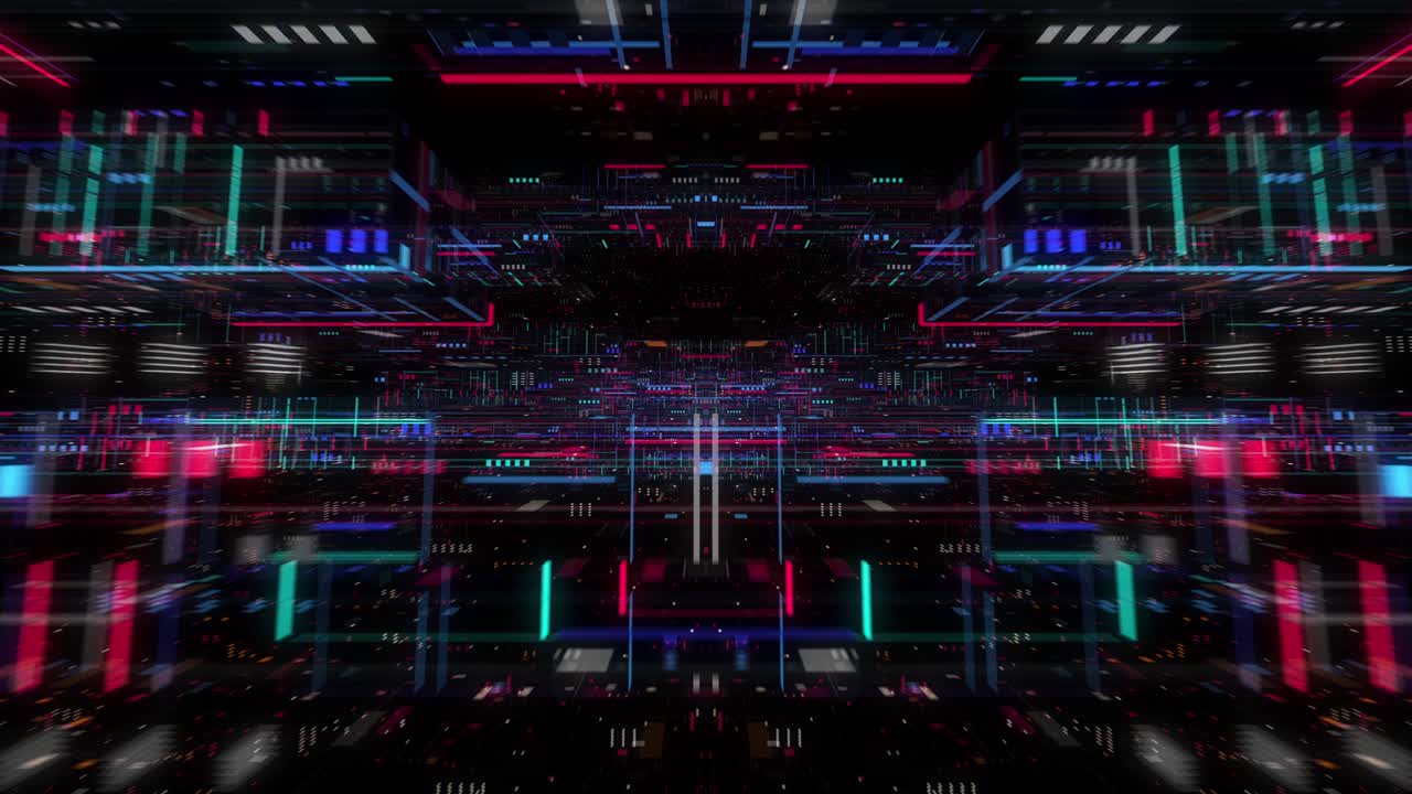 Ciclo continuo di uno sfondo tecnologico astratto e futuristico, con circuiti fluttuanti, grafici ed elementi digitali.