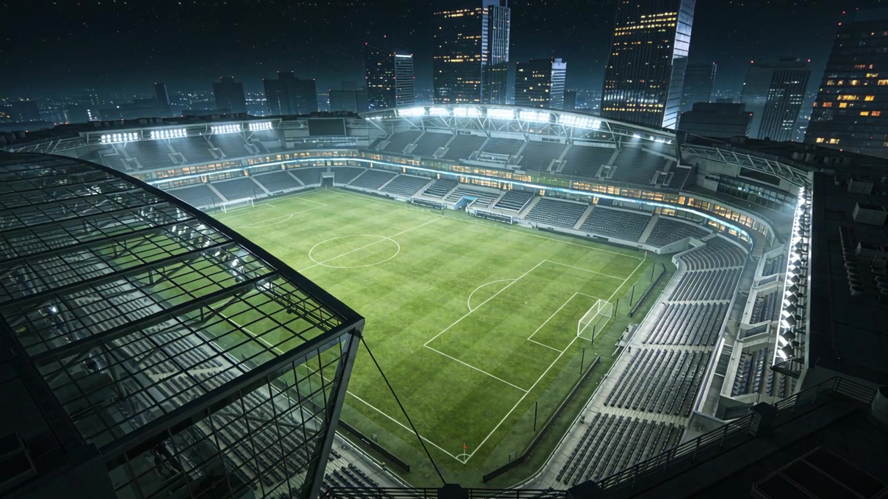 Apertura con telecamera aerea che mostra uno stadio di notte, illuminando a giorno il campo in erba e le reti delle porte per la partita.