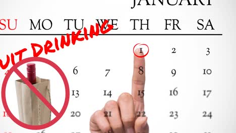 animation of stop sign with bottle, pointing finger and quit drinking text on january 1 of calendar