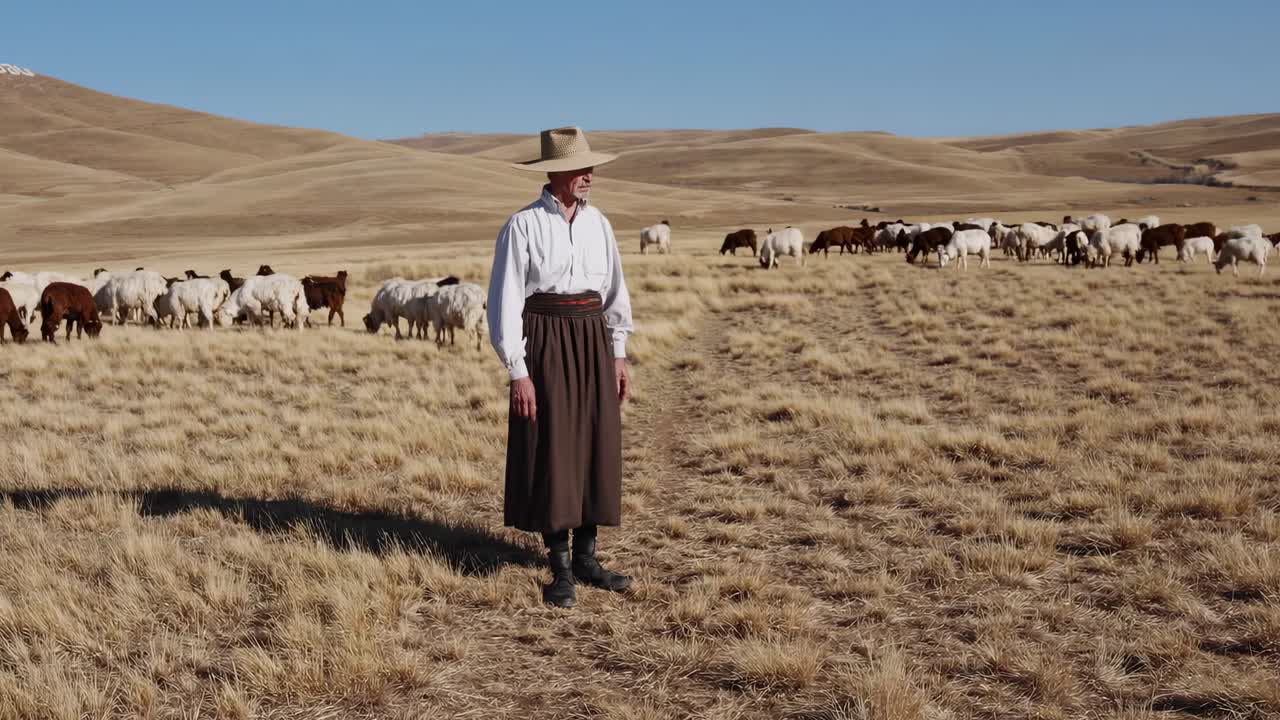 Senior shepherd standing in traditional clothes, observing his flock of sheep grazing peacefully in a vast, dry prairie landscape under a clear blue sky