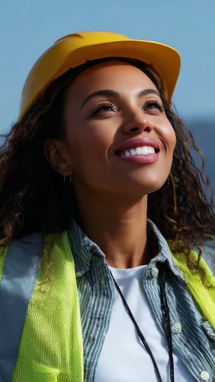 A determined female construction worker smiles confidently while wearing her hard hat and safety vest, embodying empowerment and professionalism within the construction industry as she looks ahead with optimism