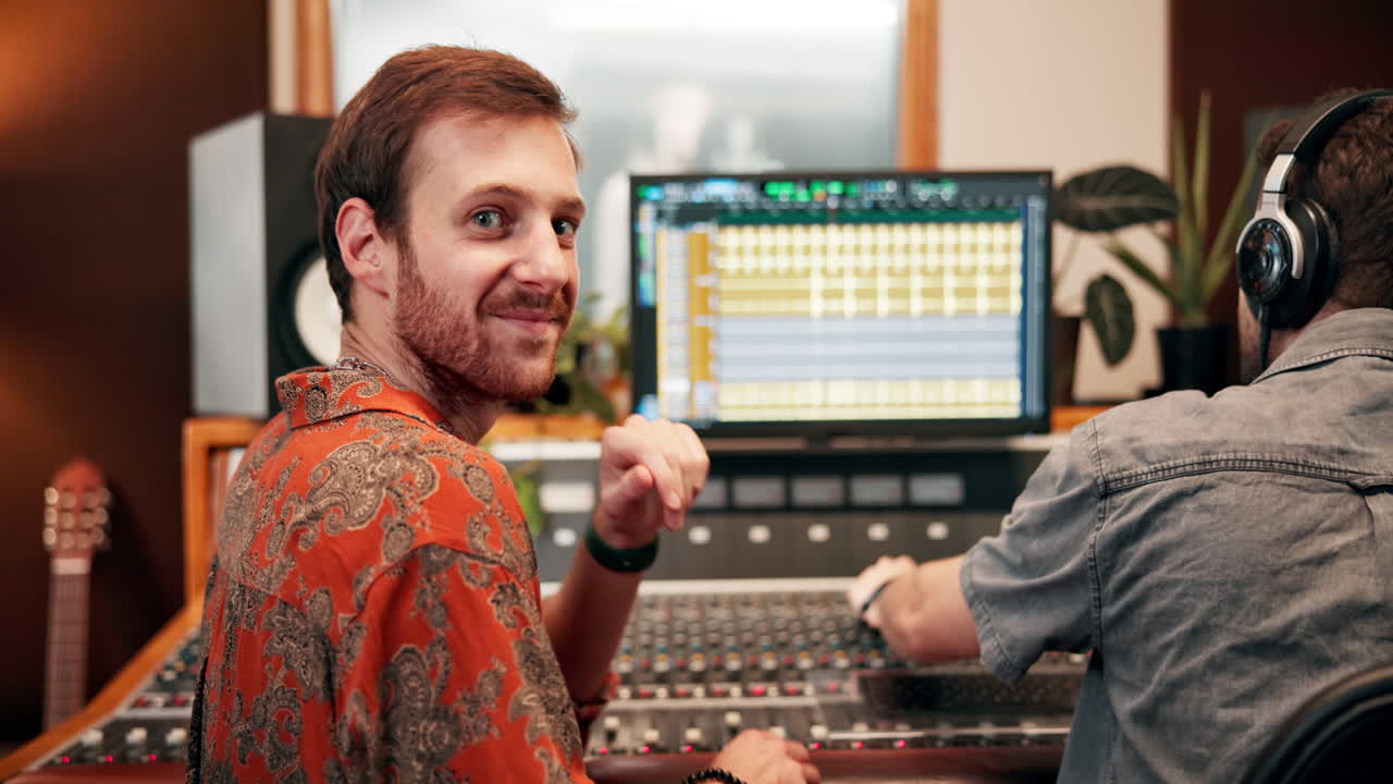 Two sound engineers working in a music studio