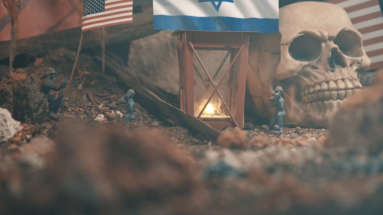 Conceptual diorama showing a geopolitical crisis with miniature soldiers. American, israeli, chinese, and iranian flags create a tense scene
