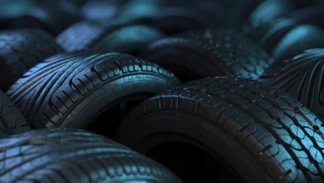 car tires in elegant studio lighting. the film is looped, arranged in an interesting way in a warehouse or store, the background of the car industry.