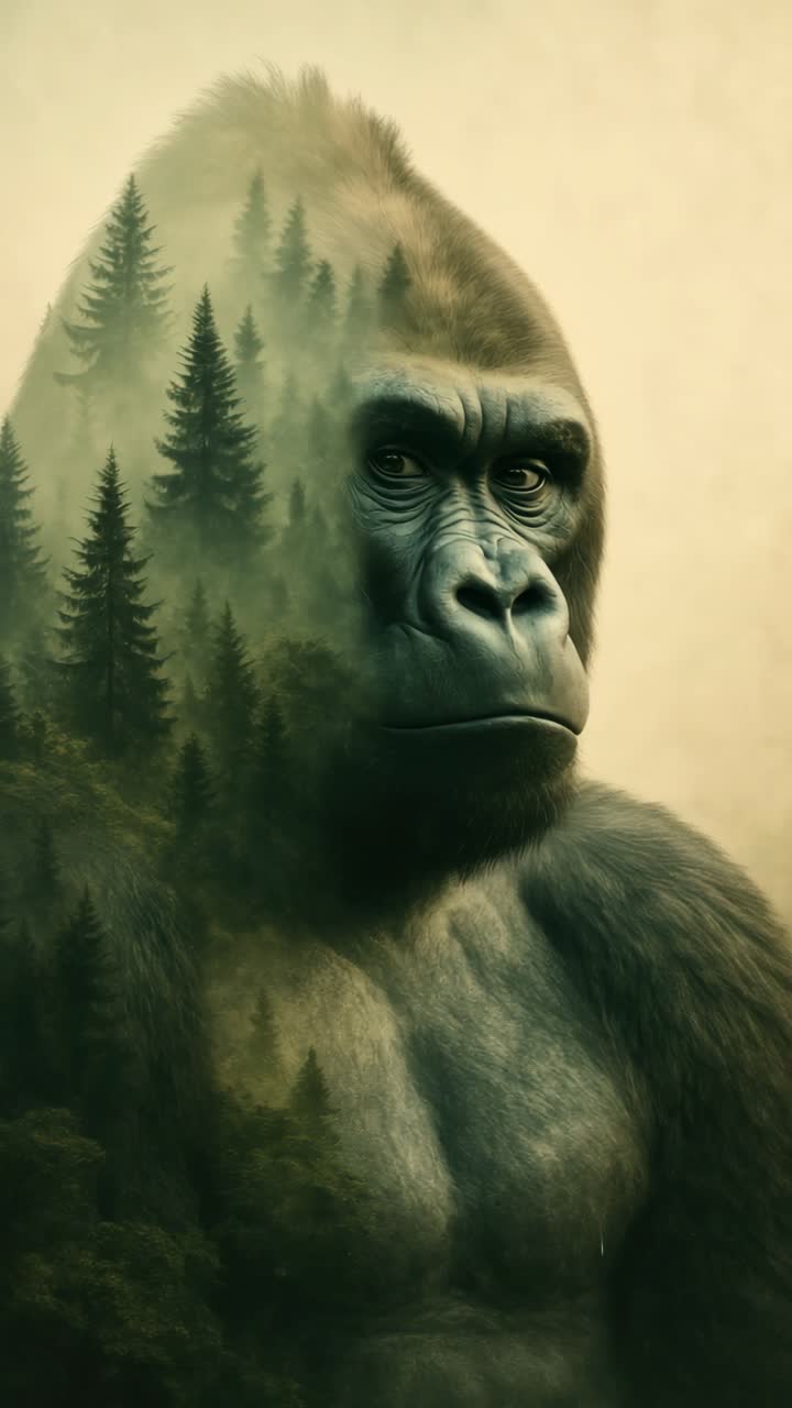 Surreal video concept blending a gorilla's face with a forest landscape