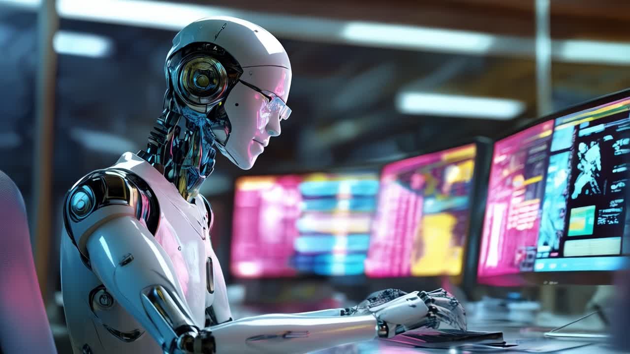 In a high-tech laboratory, a humanoid robot focuses intently on multiple computer monitors. The advanced robot, featuring a sleek design with metallic elements, is busy analyzing data and programming software. Surrounding screens display complex lines of code and visualizations, illustrating the rob