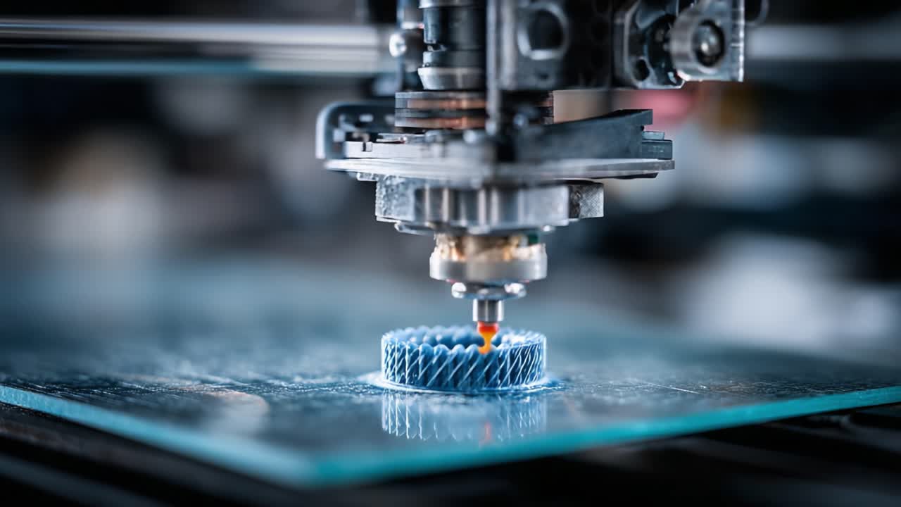 Intricate Process of 3D Printing: Close-Up of a 3D Printer's Nozzle in Action Creating a Detailed Blue Component on a Glass Surface