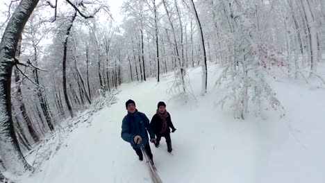 아름다운 겨울 숲을 고 있는 커플, 360° 영상, 360° vr, 리틀 플래 효과