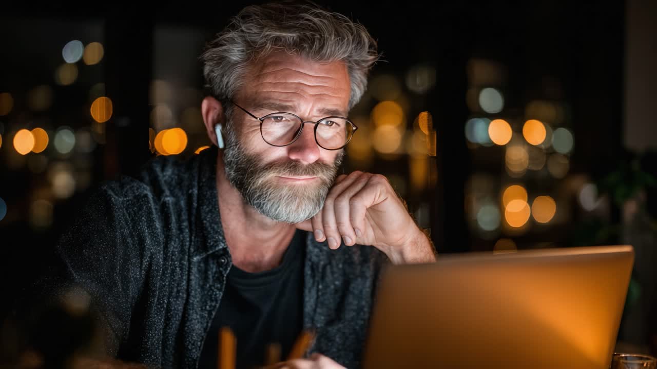 Contemplative Man in Glasses Engaged with Laptop in Dimly Lit Room Amidst Urban Night Lights, Showcasing Focus and Reflection in a Digital Age