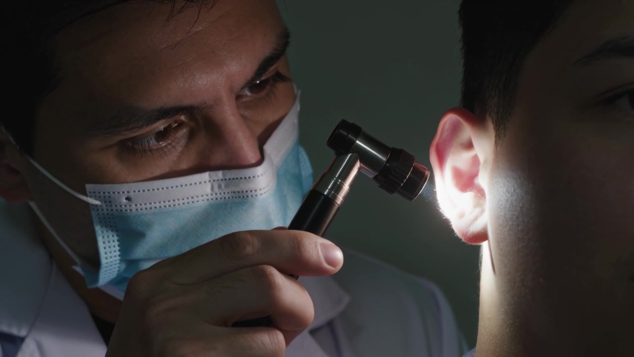 Luce che si accende su un medico in clinica, in camice bianco e mascherina chirurgica, che ispeziona l'orecchio destro con un otoscopio.