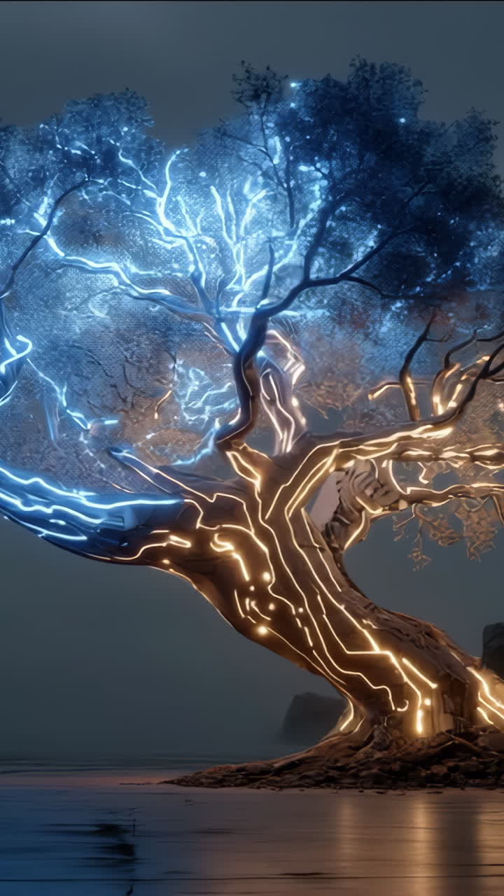 Colorful enchanted tree glow. A mystical tree emits vibrant blue and orange light, set against a rocky backdrop during twilight hours.