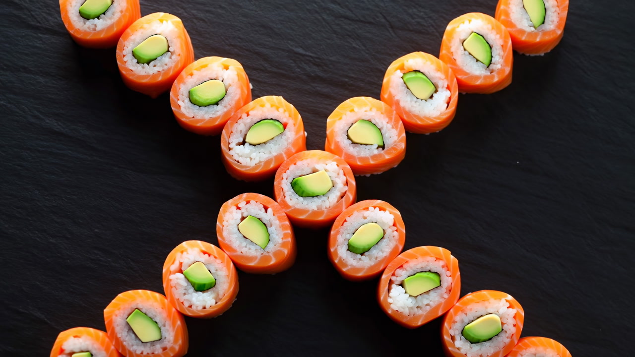 Salmon Avocado Sushi Rolls On Slate, Xshaped Cross Arrangement Showcasing Glossy Salmon Wrap, Creamy Avocado