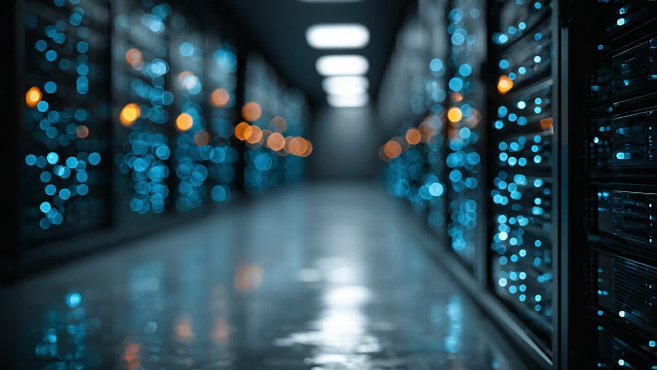Un data center futuristico con rack server illuminati che mostrano tecnologie avanzate e infrastrutture di rete in un ambiente sofisticato