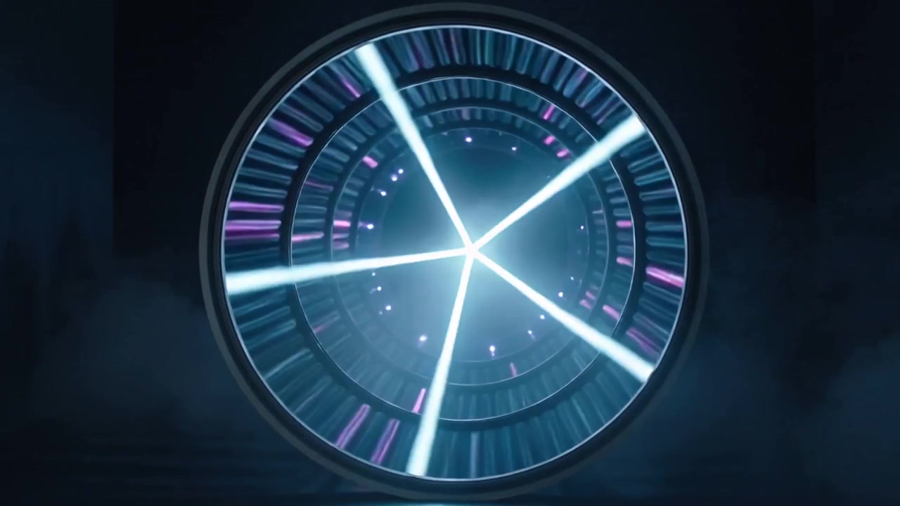 Powering on circular turbine in dark stage, emitting five beams, rotating rings, purple LEDs
