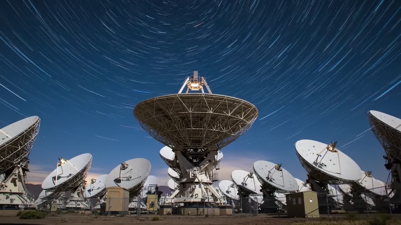 A Dynamic Display of Satellite Dishes Under Starry Skies: Capturing the Movement of Celestial Bodies Around a Central Point at Night