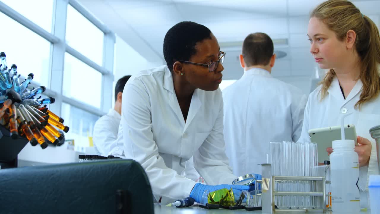 Female scientists interacting with each other 4k