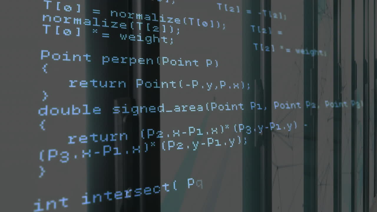 Computer code animation over glass windows in modern office building