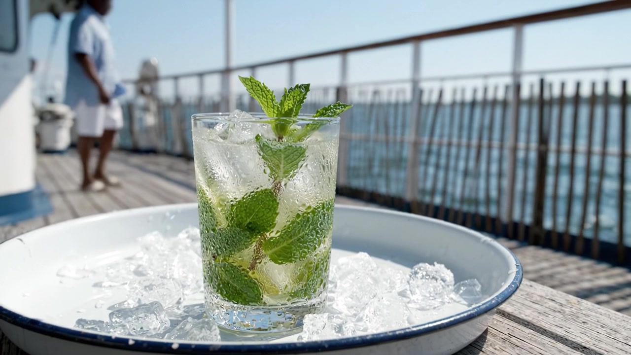 Refreshing Mint Mojito on Ice by the Water: Perfect Summer Drink Enjoyed Under the Sun with Scenic Views and a Gentle Breeze for Ultimate Relaxation