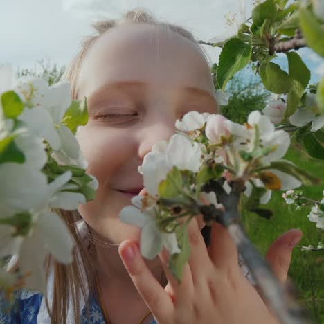 niño divertido huele flores en ramas de manzana