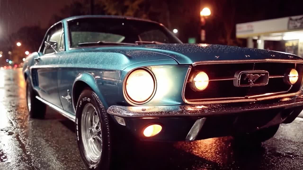 Un impresionante coche clásico resplandece en la noche lluviosa, mostrando un diseño atemporal y luces radiantes que iluminan la escena urbana.