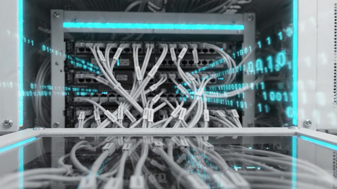 Exploring Complex Data Center Infrastructure with Glowing Cables and High-Tech Servers: A Glimpse into Modern Digital Connectivity and Network Management