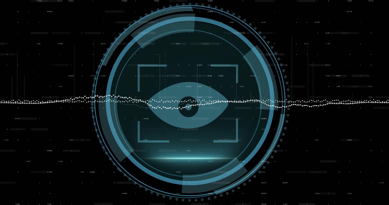 Animation of data processing over cyber security text banner and retina scanner on black background