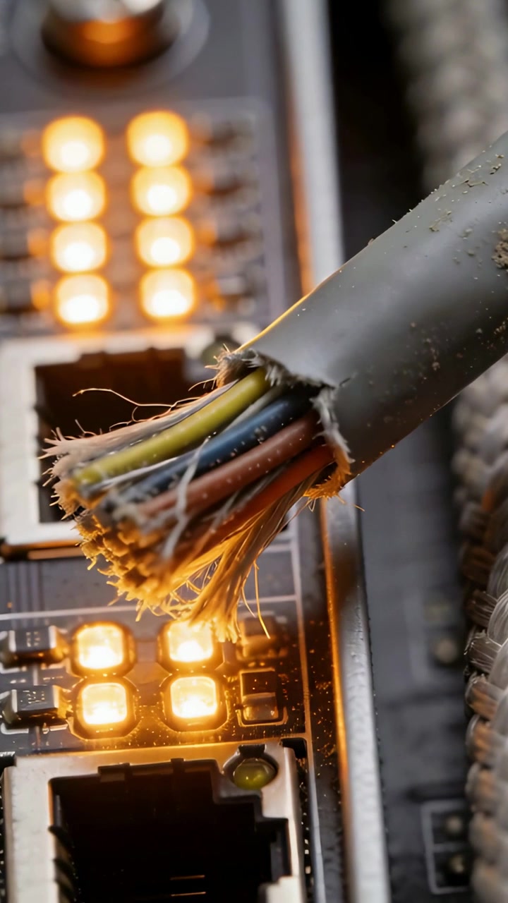 Vertical video: Turning torn cable showing wires above PCB from camera nudge amber LEDs, copy space