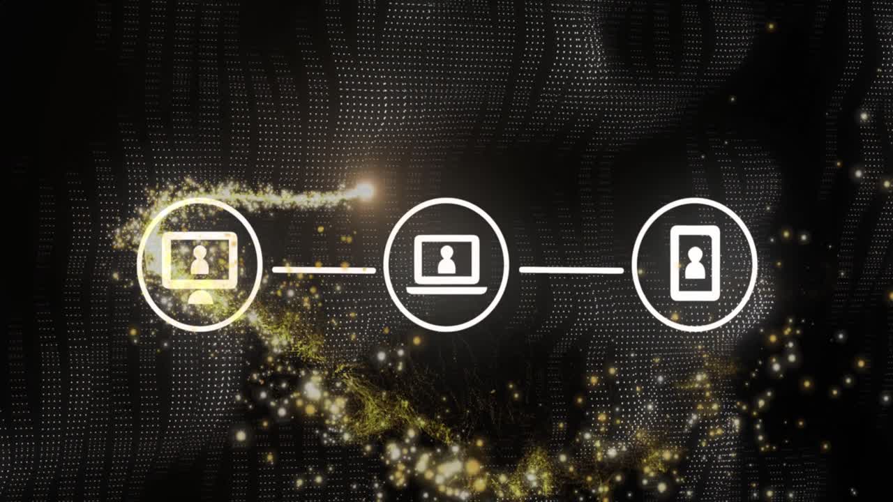 검은색 배경에 아이콘을 가진 연결 네트워크를 통해 빛의 점의 애니메이션