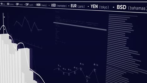 animation of statistical and stock market data processing against blue background