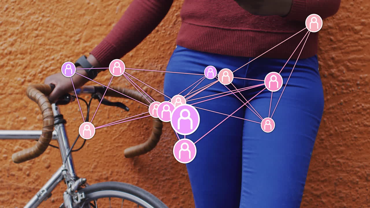 Holding bicycle, person with network of connected icons in animation scene