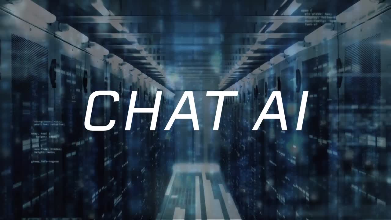 Animation of chat ai text and computer language over bars on data server racks