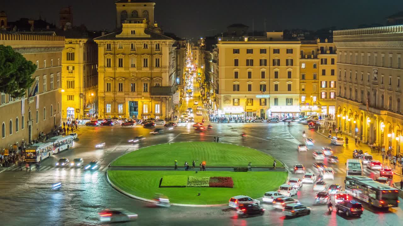 이탈리아 나이트 라이트 로마 시티 스어 피아자 베네치아 트래픽 서클 파노라마 4k 타임 스