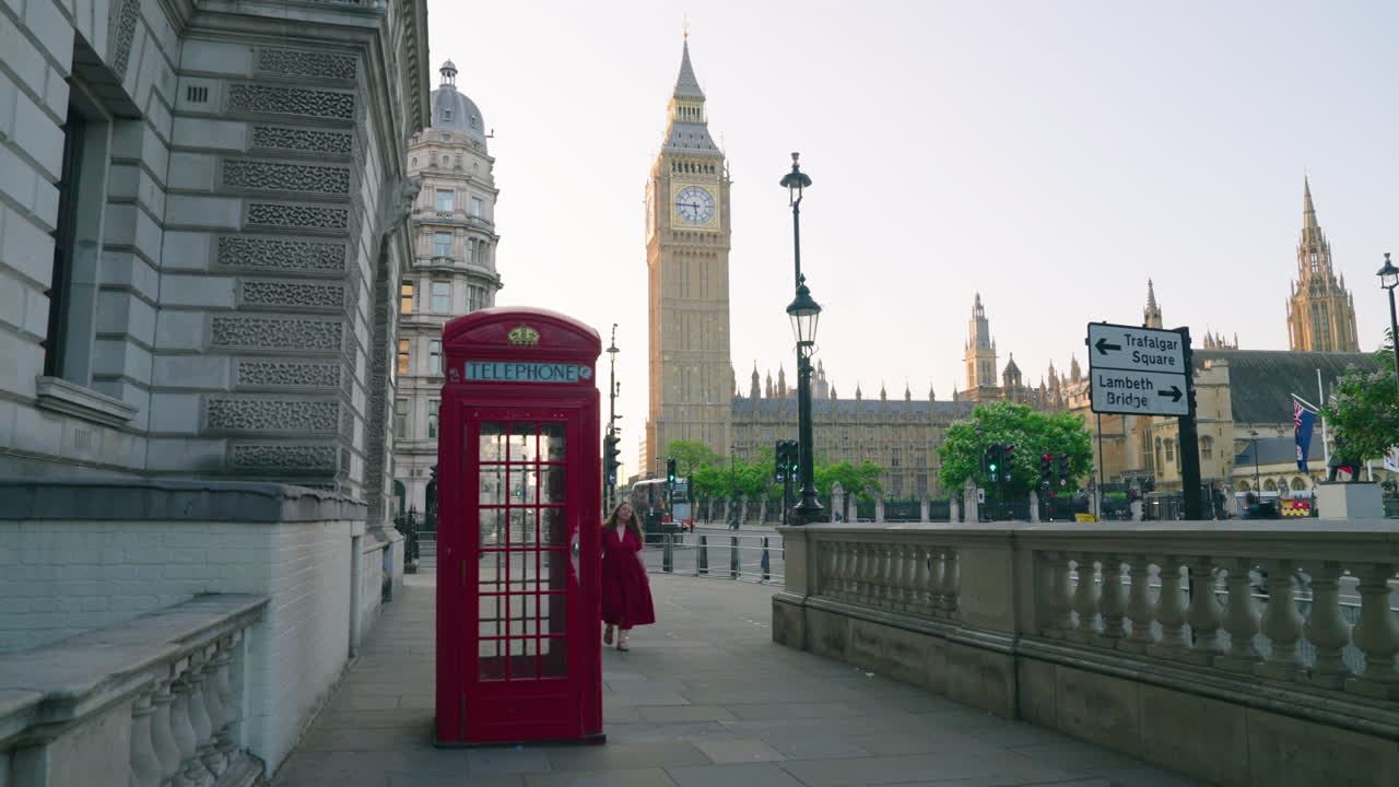 Portrait Of A Woman In A Beautiful Red Dress In London City, England, United Kingdom. Static Shot