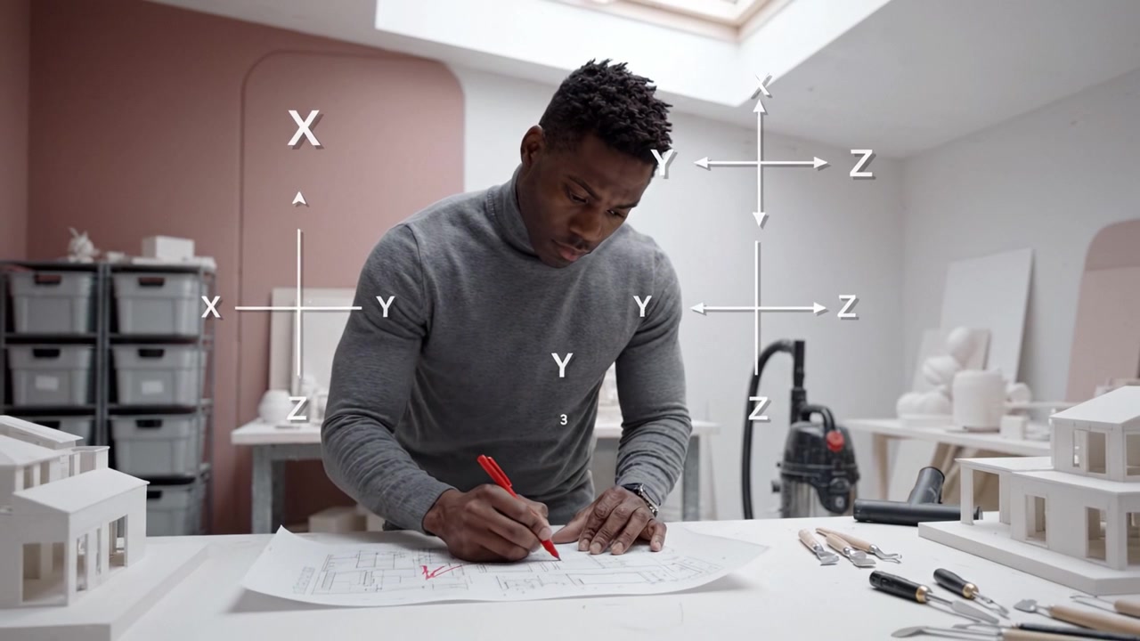 Um designer focado esboça meticulosamente planos arquitetônicos em papel, exibindo criatividade e precisão em um ambiente de estúdio artístico com ferramentas e modelos ao redor