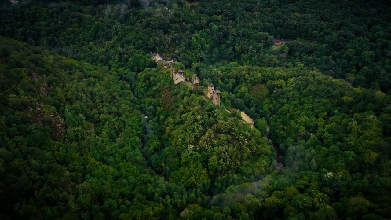 abandoned castle in the middle of a river in the forest, drone shot with lateral movement