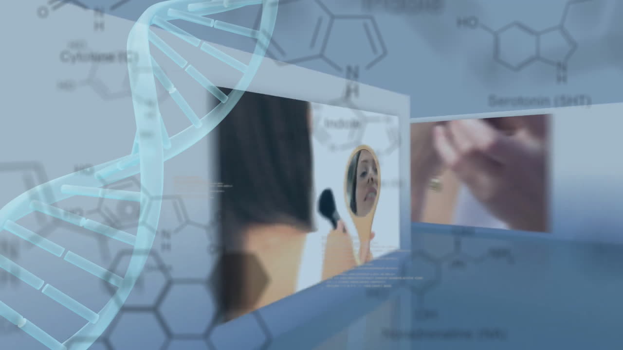 animación de cadena de adn y procesamiento de datos sobre mujeres caucásicas haciendo maquillaje